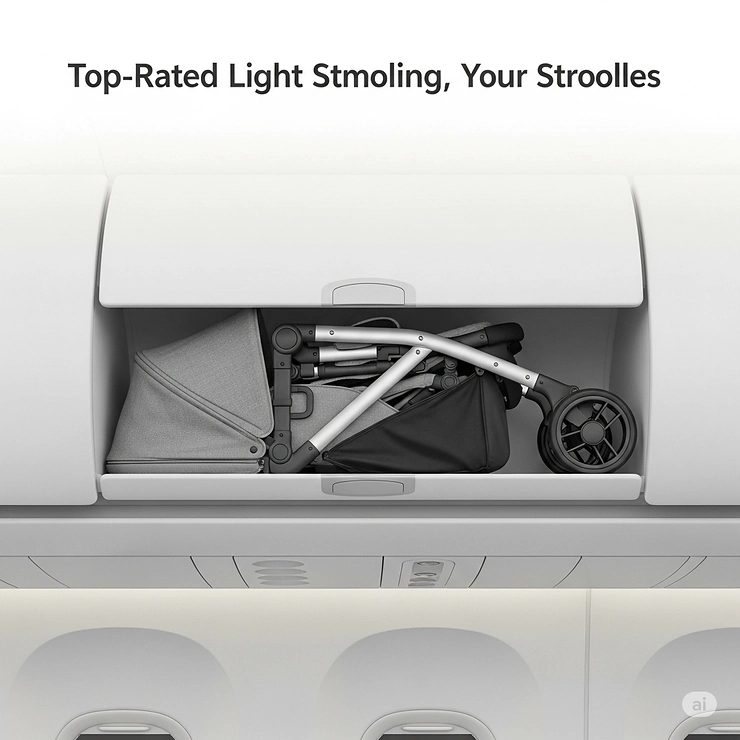 An illustration showing a top-rated light travel stroller neatly stowed in an airplane overhead compartment, perfect for air travel.