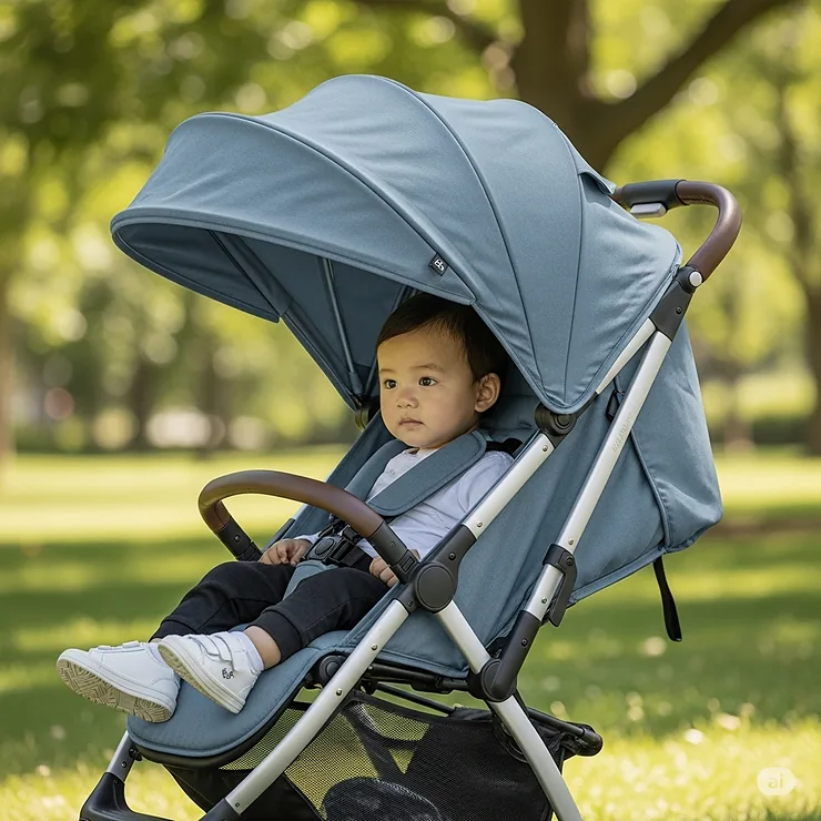 A lightweight travel stroller with its large, extendable sun canopy fully deployed, providing excellent UV protection for the child.