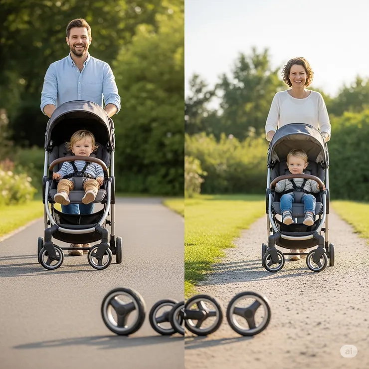 A lightweight stroller being pushed comfortably on various surfaces, from pavement to light gravel, showcasing its adaptable wheels for different terrains.