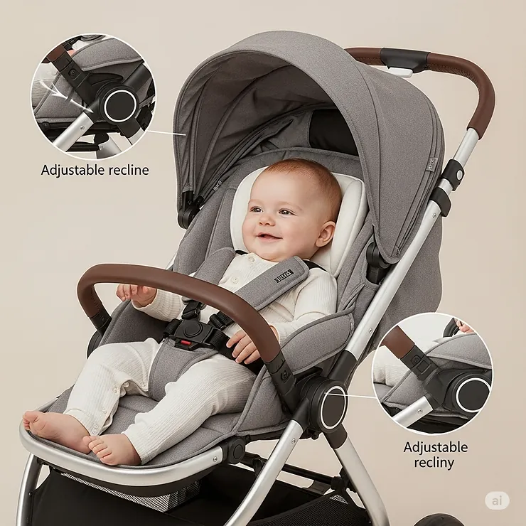 A happy baby comfortably seated in a lightweight stroller with a padded seat and adjustable recline, showcasing features designed for infant comfort.
