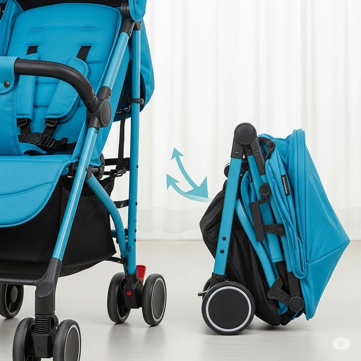Close-up of a lightweight stroller easily folding down into a compact size, demonstrating its portability and suitability for travel or small spaces.