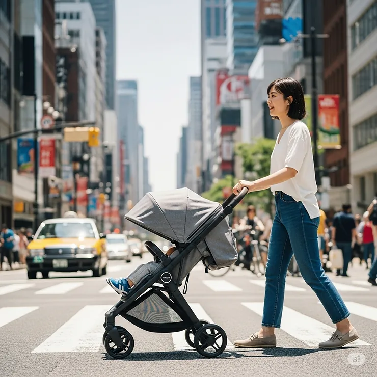 A parent easily steering a lightweight stroller with one hand, showcasing its smooth wheels and excellent maneuverability in a busy urban environment.