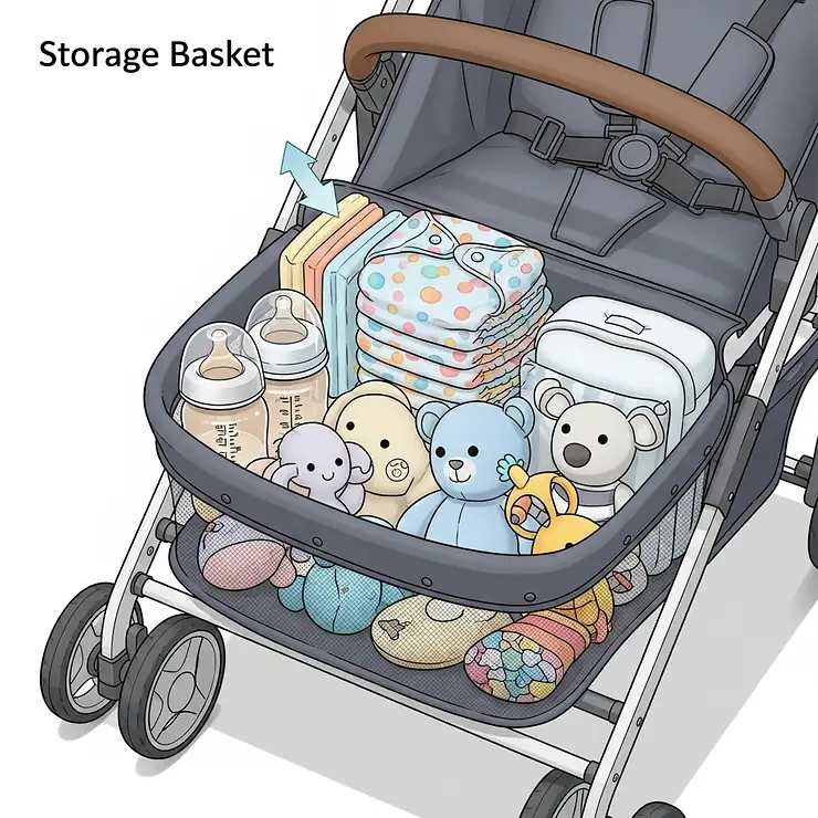 A clear illustration of a lightweight stroller's large storage basket, filled with baby essentials like diapers, bottles, and toys, to show its practical capacity.