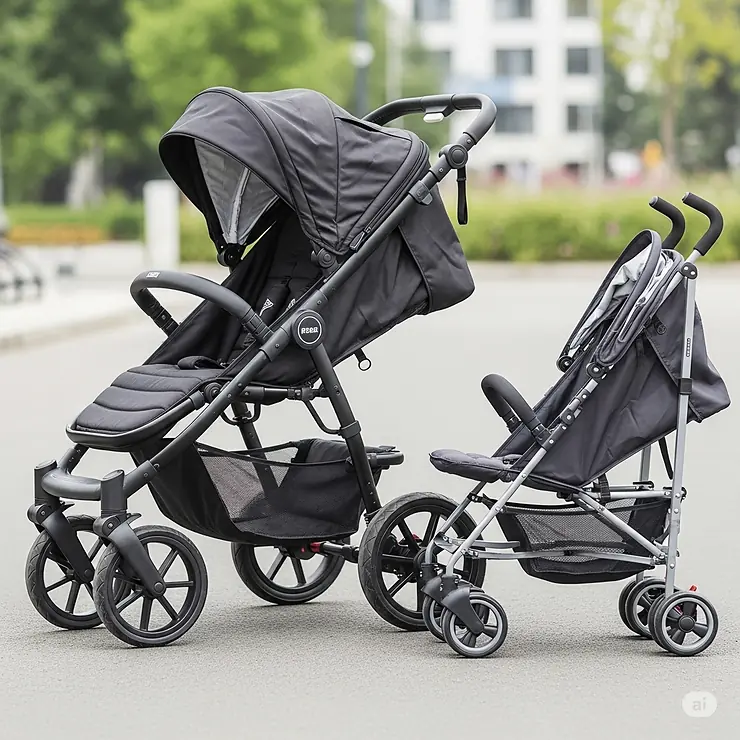 Visual comparison showing a heavy, full-sized stroller next to a much smaller, lighter-looking lightweight stroller, emphasizing their size and weight difference.
