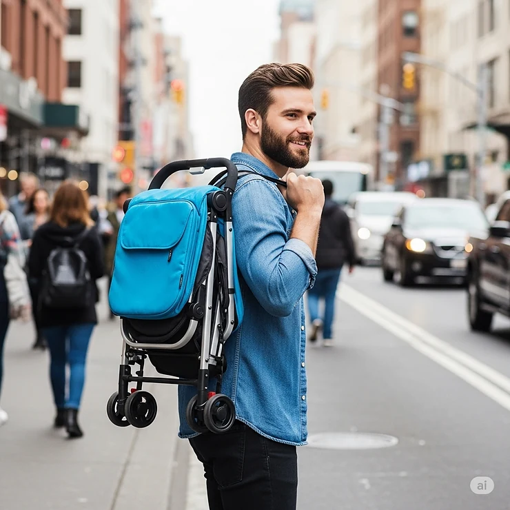 A parent effortlessly carrying a lightweight travel stroller over their shoulder, emphasizing its portability for families with toddlers on the go.