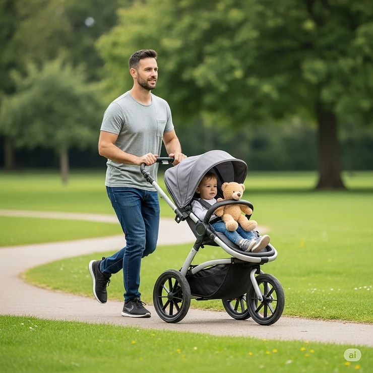 A parent jogging with a lightweight three-wheel pram through a park, demonstrating its maneuverability for active lifestyles.