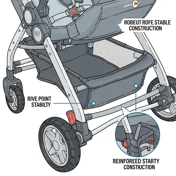 Illustration emphasizing the robust and stable frame construction of a Safety 1st stroller, designed for durability and safety.