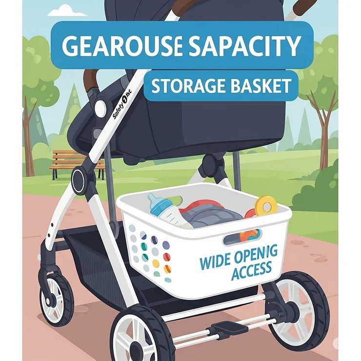 Illustration showcasing the spacious, easily accessible storage basket beneath a Safety 1st stroller, perfect for essentials.