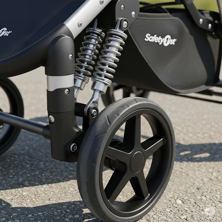 Detail of the shock-absorbing wheel suspension on a Safety 1st stroller, ensuring a smooth and safe ride on various terrains.