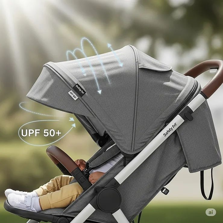 Image depicting the extendable canopy of a Safety 1st stroller, offering UPF 50+ sun protection for the child.