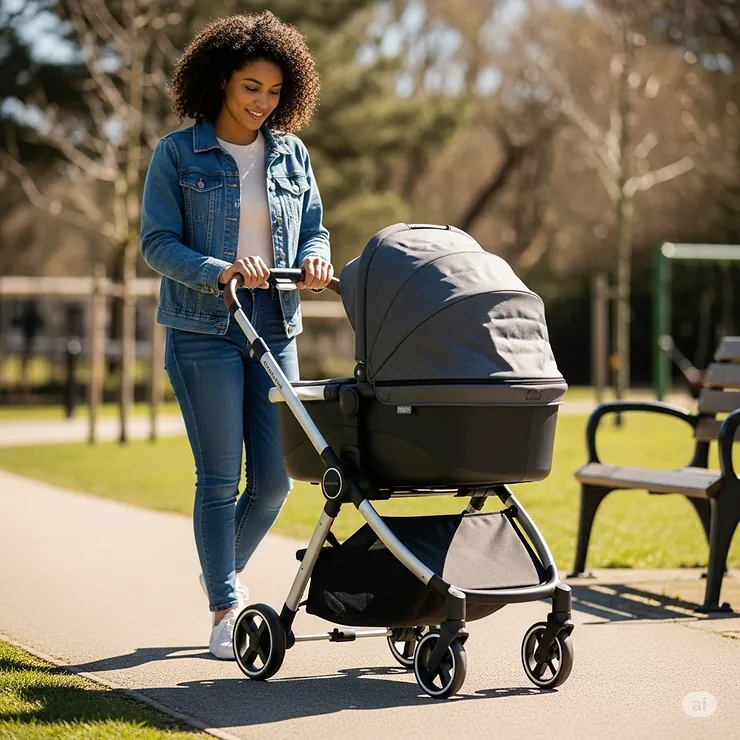 Parent pushing a single stroller, showcasing its compact design before conversion to a double.