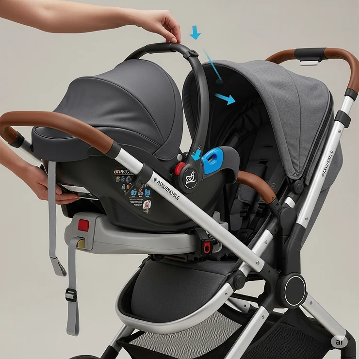 Detailed view of a car seat securely attaching to a single to double stroller, demonstrating seamless infant compatibility.