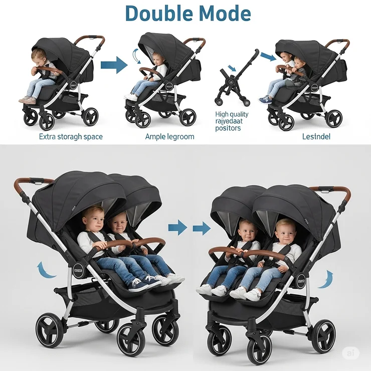 The same single to double stroller transformed into double mode, comfortably accommodating two children with ample space.