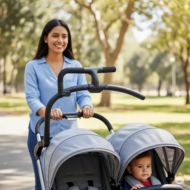A parent comfortably pushing a single to double stroller, highlighting the adjustable, ergonomic handlebar for various heights.