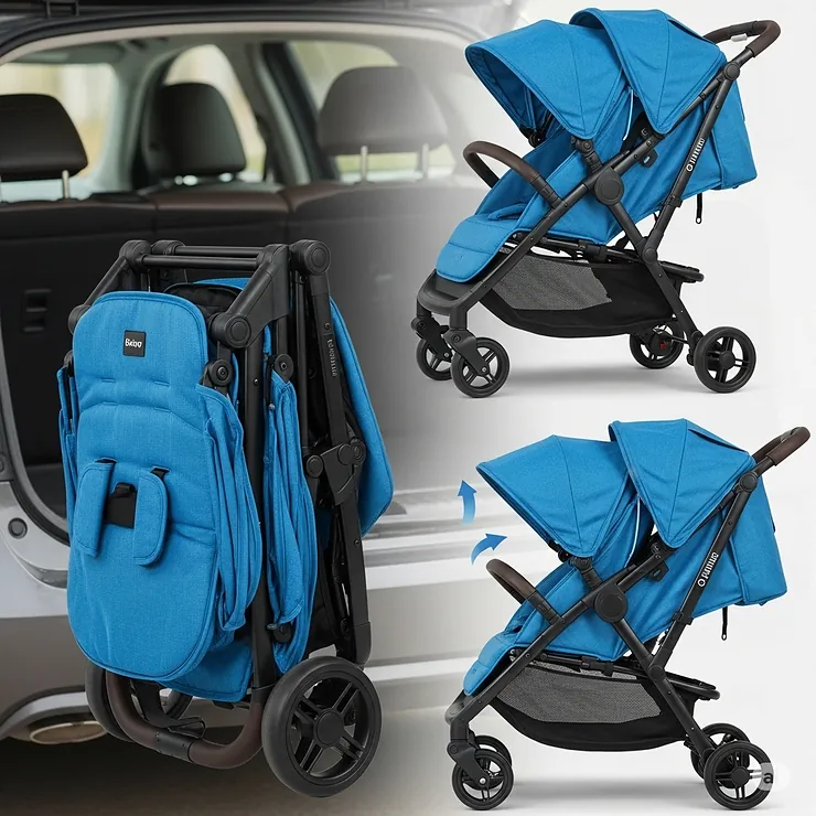 A compact, folded single to double stroller, showcasing its space-saving design for easy storage and transport.