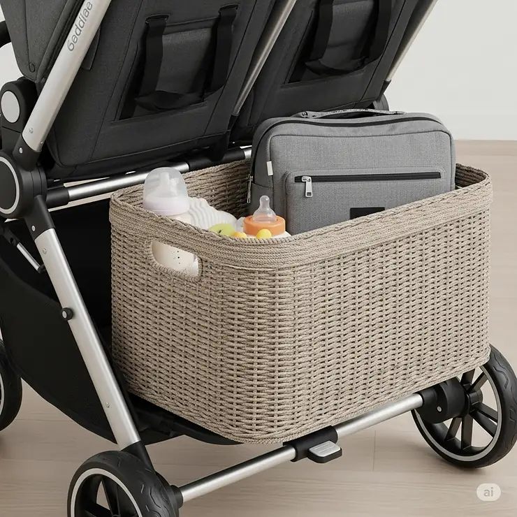An oversized storage basket beneath a single to double stroller, ideal for carrying essentials for one or two children.