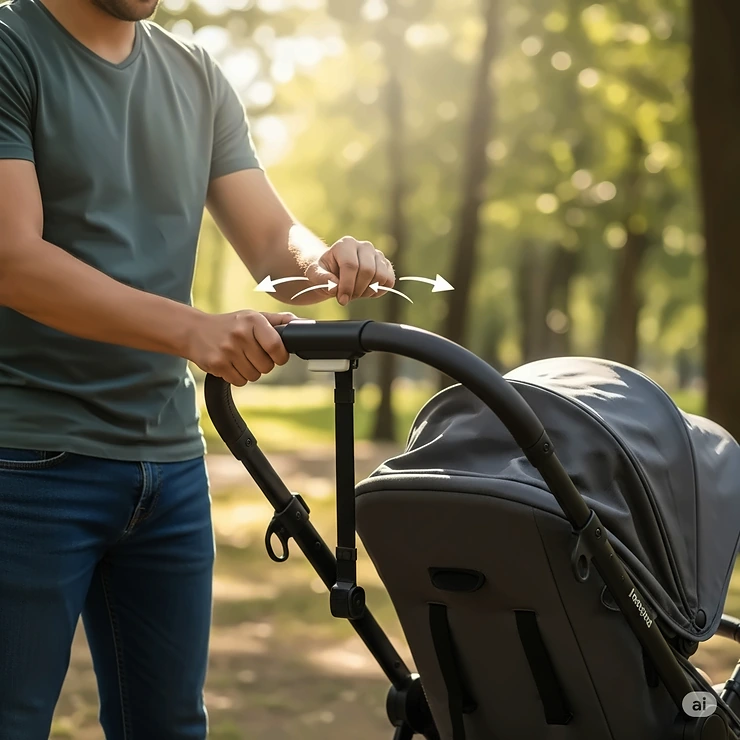 A parent adjusting the height of a travel stroller's handlebar, highlighting its ergonomic design for comfortable pushing by different users.
