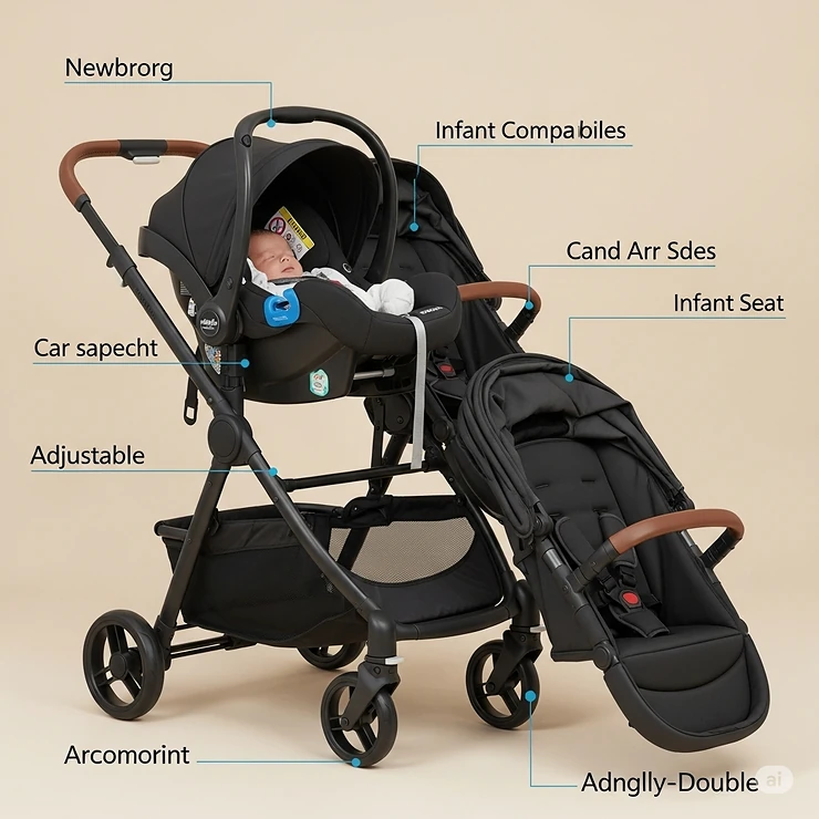 Single to double stroller demonstrating compatibility with an infant car seat for newborns.