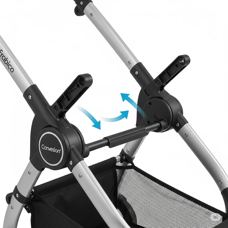 Close-up view of the easy conversion mechanism on a single to double stroller frame.