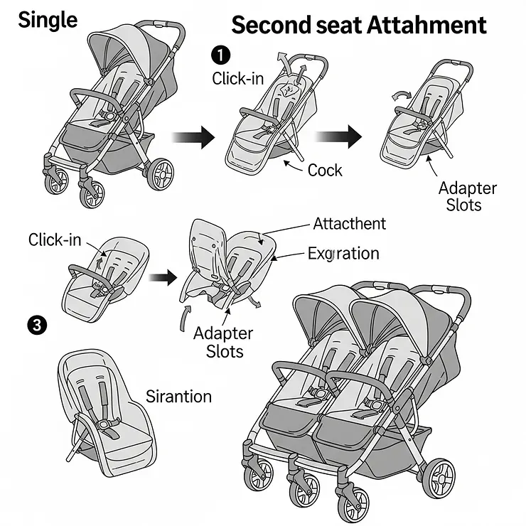 Diagram illustrating how a second seat attachment transforms a single stroller into a double.