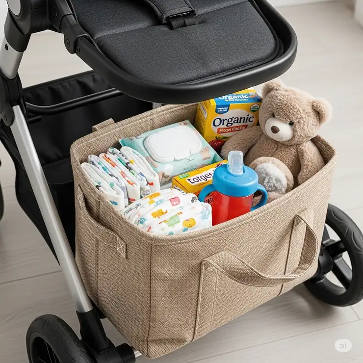A detailed view of a spacious storage basket under a travel stroller, filled with essentials like diapers and snacks for a toddler.