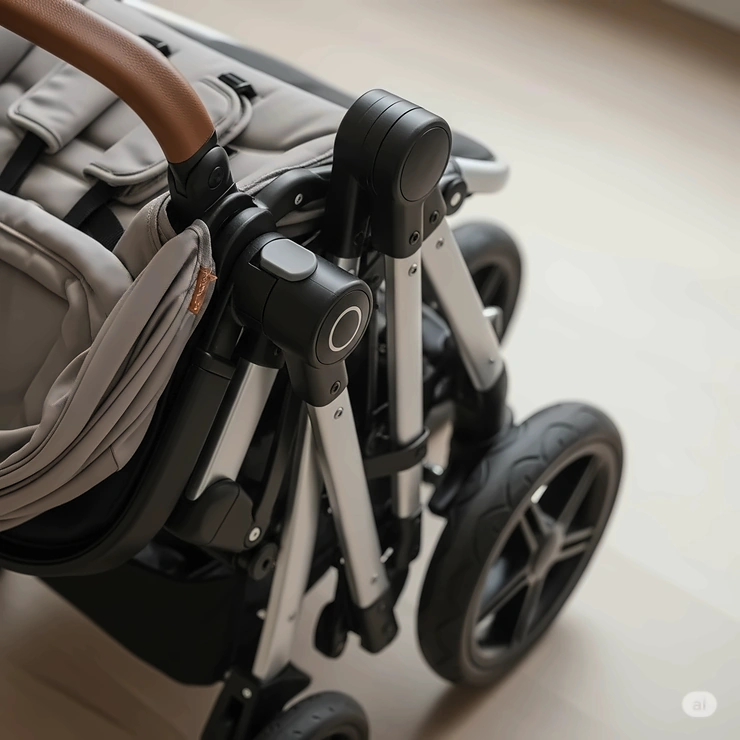 A compact three-wheel pram shown in its folded position, emphasizing its easy storage and portability.