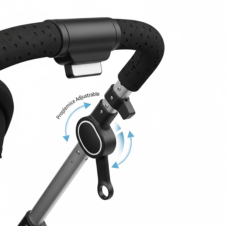Detail of the adjustable, ergonomic handlebar on a three-wheel pram, designed for comfortable pushing for parents of varying heights.