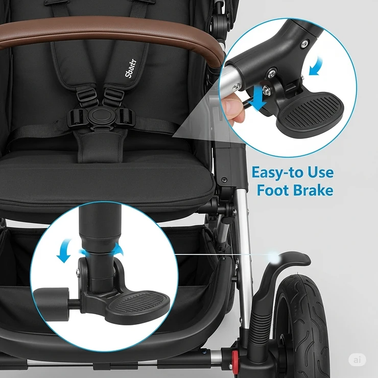 Visual representation of key safety features on a three-wheel pram, including the secure five-point harness and easy-to-use foot brake.