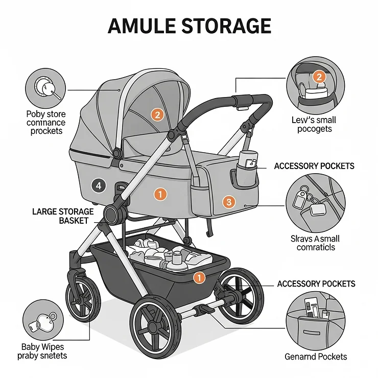 An illustration detailing the spacious storage basket and accessory pockets available on a three-wheel pram, useful for carrying essentials.
