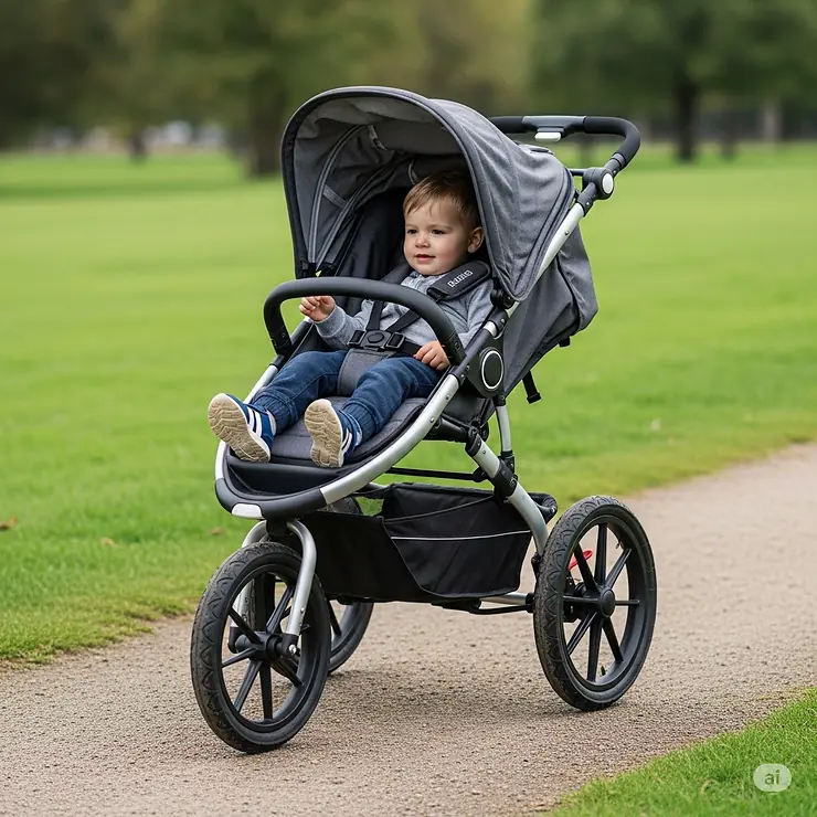 A modern three-wheel pram, also known as a jogger stroller, with a child comfortably seated, suitable for various terrains.