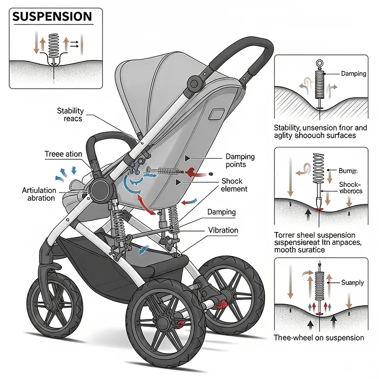 Diagram highlighting the advanced suspension system of a three-wheel pram, which absorbs shocks for a smooth ride on uneven surfaces.