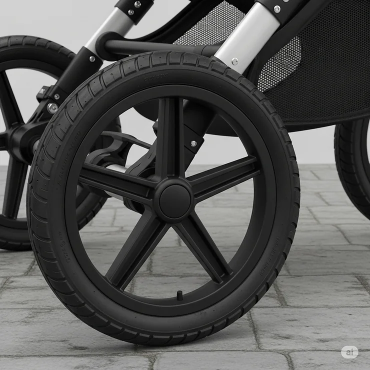 Close-up of the durable, all-terrain wheels of a three-wheel pram, highlighting their robust design for smooth rides.