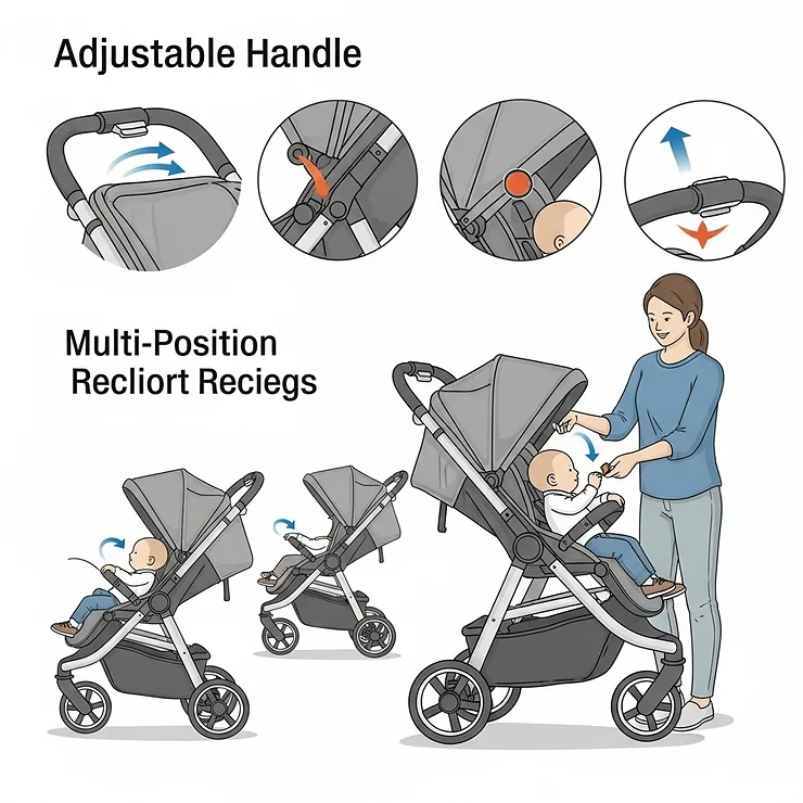 Illustration detailing the adjustable handle and multi-position recline of a three-wheel stroller, highlighting customizable comfort for parents and infants.