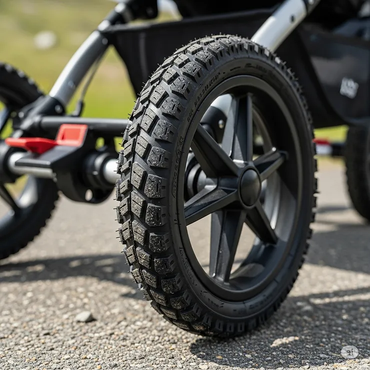 Close-up of a three-wheel stroller's durable, all-terrain tires, emphasizing its suitability for various landscapes like gravel paths or uneven trails.