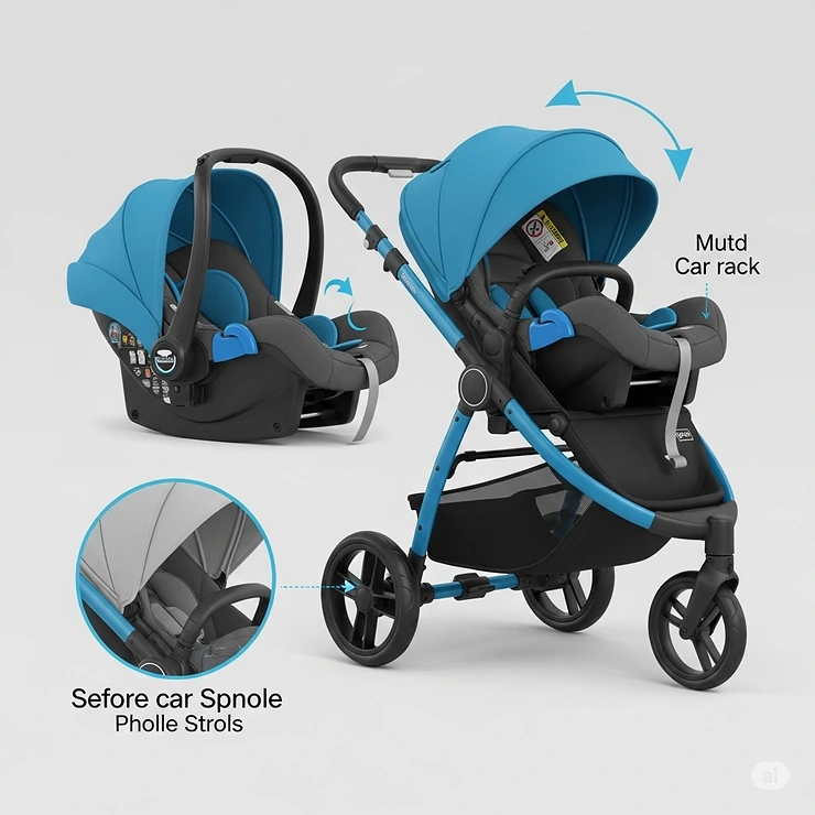 Graphic depicting a three-wheel stroller frame with an infant car seat securely attached, showcasing its versatility as a travel system for newborns.