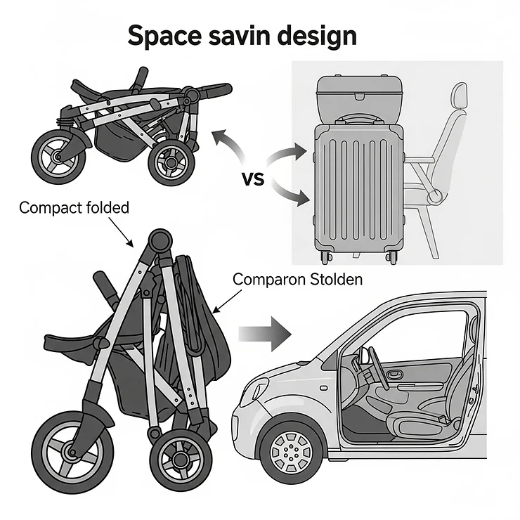 Diagram showing a three-wheel stroller folded compactly, illustrating its space-saving design for easy storage and transportation in small cars or apartments.
