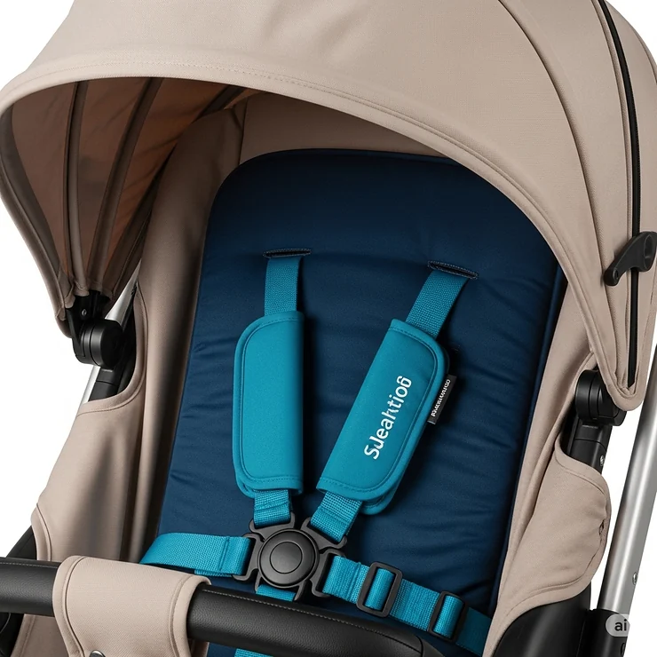 Close-up on the secure five-point harness and large, extendable canopy of a three-wheel stroller, highlighting essential safety and sun protection features for the child.