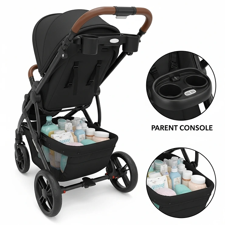 Image showcasing the spacious under-seat storage basket and convenient parent console on a three-wheel stroller, ideal for carrying essentials on walks.