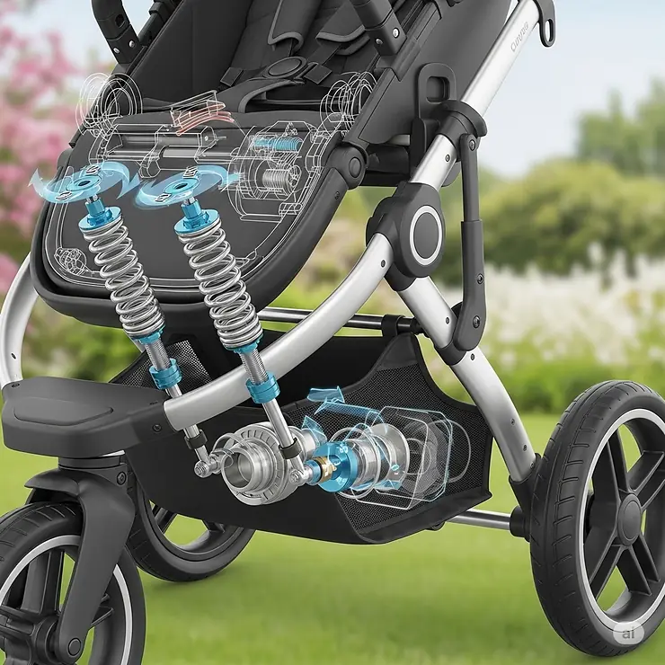 Cutaway view of a three-wheel stroller's advanced suspension system, illustrating how it provides a smooth, comfortable ride over bumps for the baby.