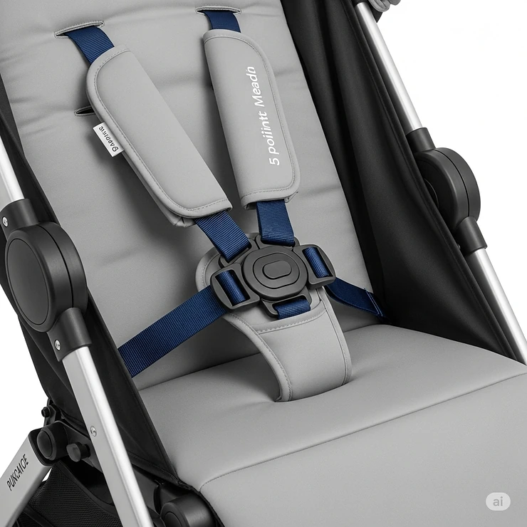 An illustration of a secure 5-point safety harness on a travel stroller, ensuring a toddler's safety and comfort during outings.