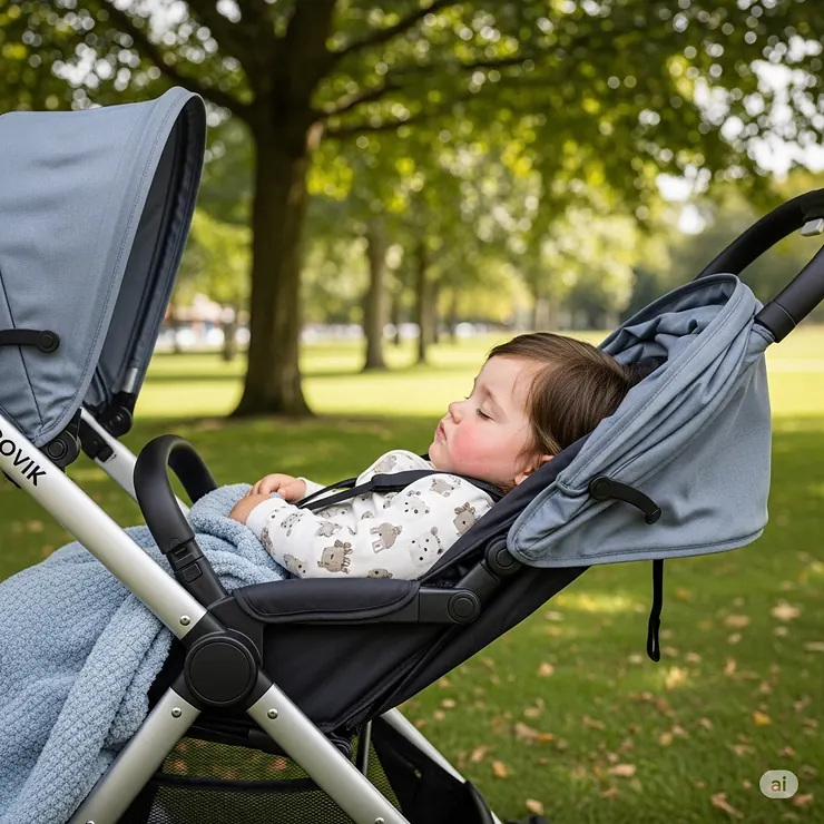 An illustration showing a toddler napping comfortably in a travel stroller with a fully reclining seat, ideal for long journeys.