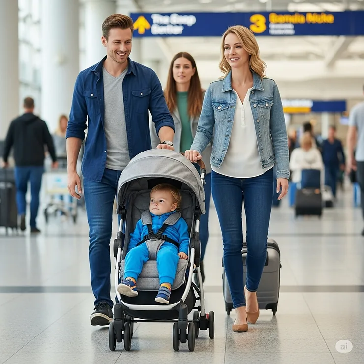 A family navigating an airport with a child comfortably seated in a travel-friendly lightweight stroller, emphasizing its convenience for air travel.