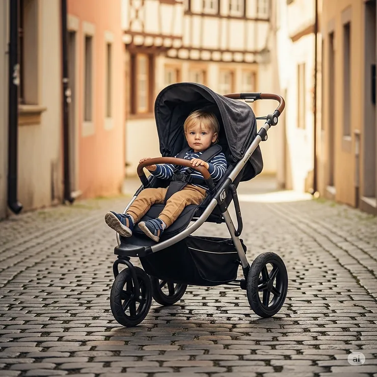 Close-up of durable, all-terrain wheels on a travel stroller navigating a cobblestone street, suitable for various travel destinations with a toddler.
