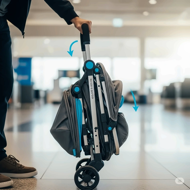 Close-up of a compact travel stroller folded easily with one hand, demonstrating its space-saving design perfect for air travel with a toddler.