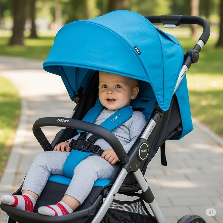 A toddler protected from the sun by a large, extendable canopy on a travel stroller, offering excellent UPF protection during outdoor adventures.