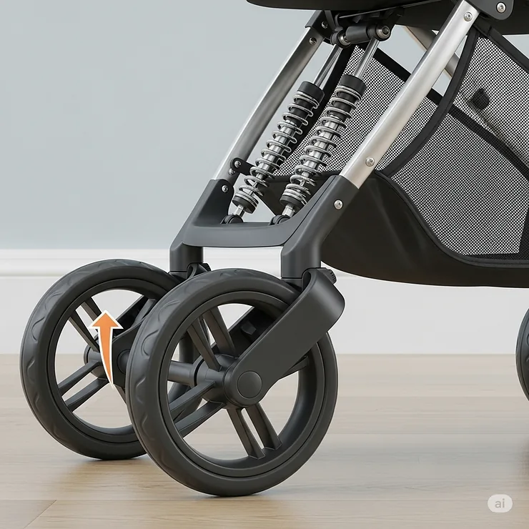A detailed view of the durable wheels and shock-absorbing suspension system on a light travel stroller, ensuring a smooth ride.