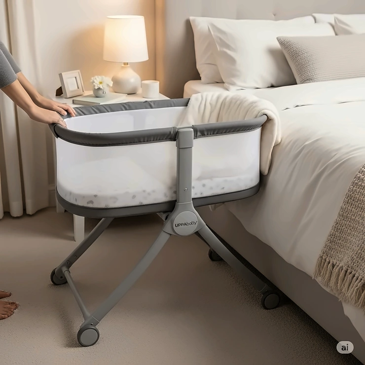 UPPAbaby bassinet stand positioned perfectly next to a parent's bed, providing a convenient and safe sleeping solution for newborns during nighttime feeds.
