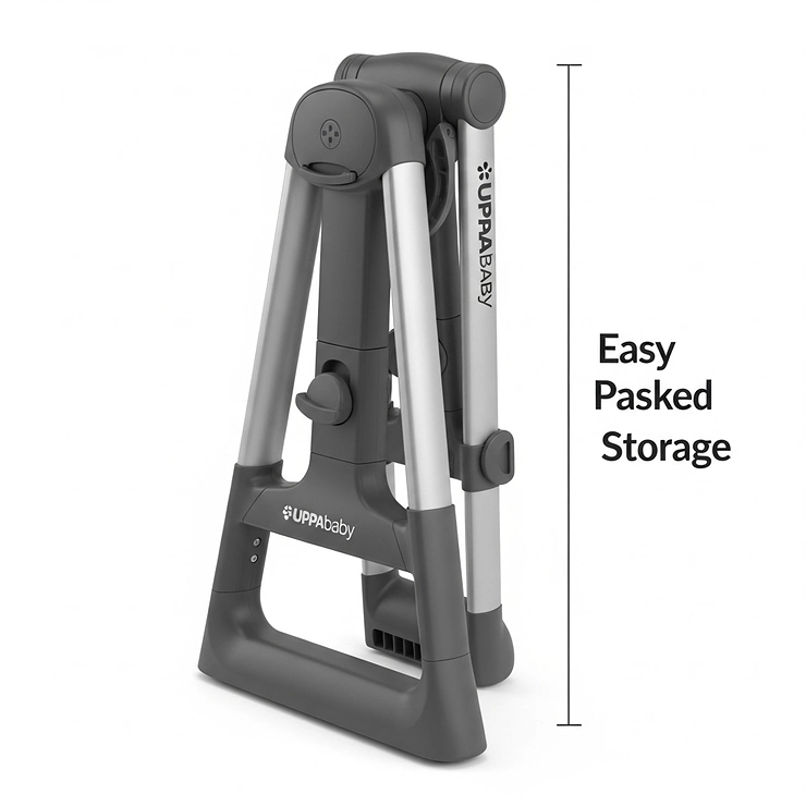 The UPPAbaby bassinet stand folded compactly for easy storage, demonstrating its space-saving design for families.