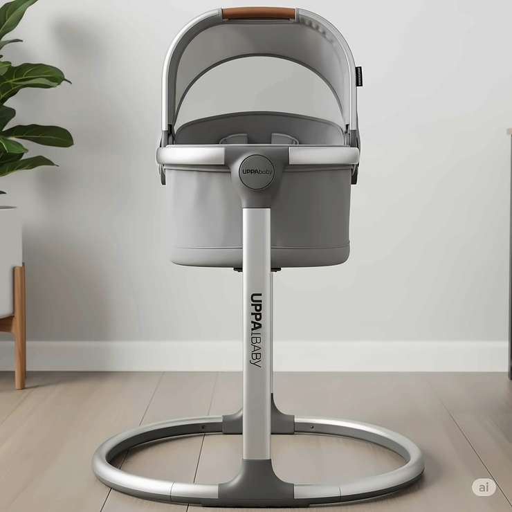 Close-up front view of the UPPAbaby bassinet stand, showcasing its sturdy design with an UPPAbaby bassinet clicked into place, perfect for bedside use.