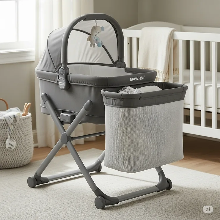 Versatile UPPAbaby bassinet stand shown with the laundry hamper insert, converting it into a practical nursery accessory when the bassinet is not in use.